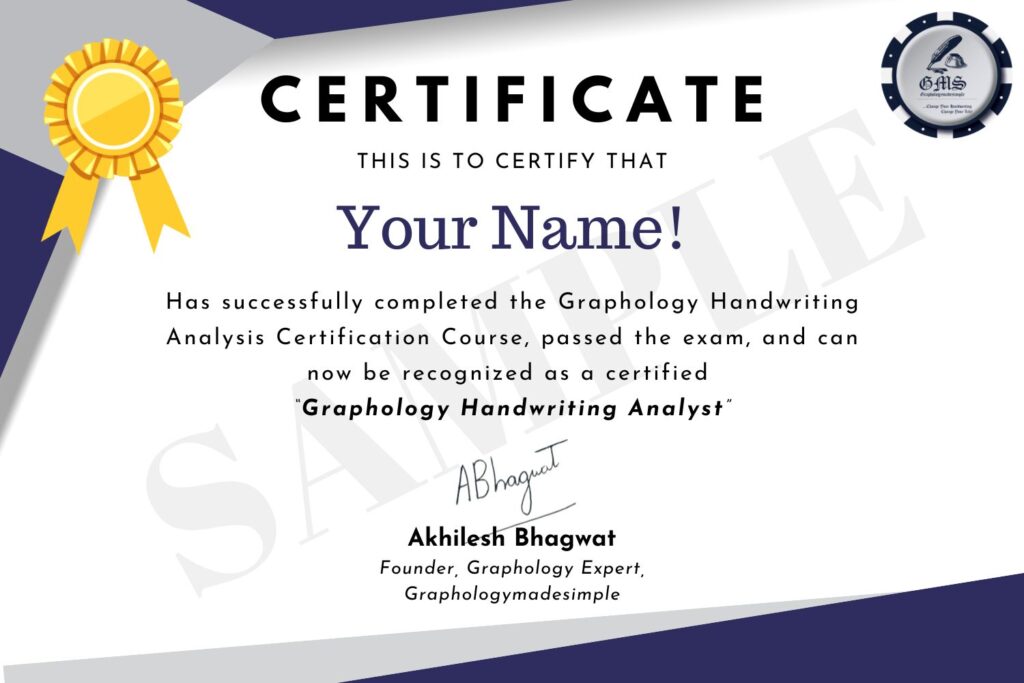 Graphology Handwriting Analysis Online Certification Course Certificate Image.