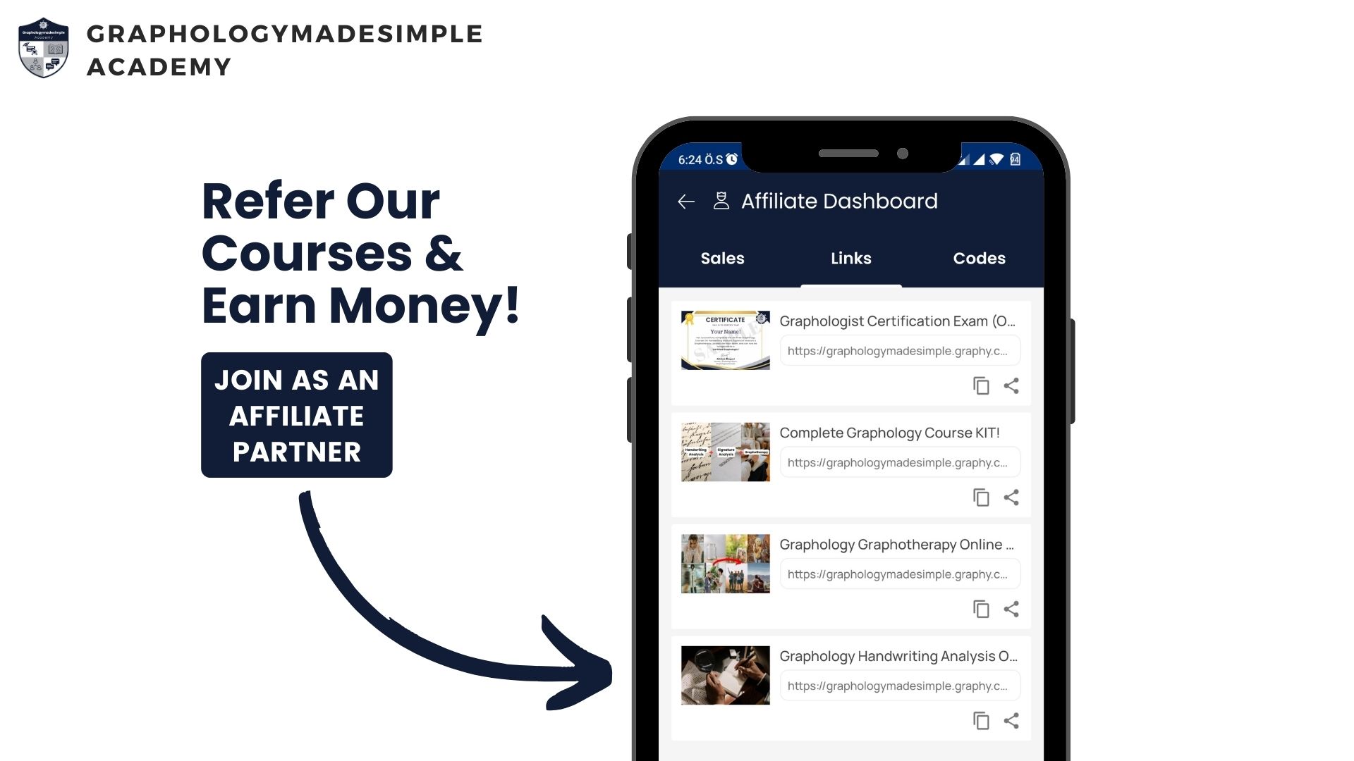 Earn money by referring our Graphology courses on Handwriting analysis, signature analysis, Graphotherapy