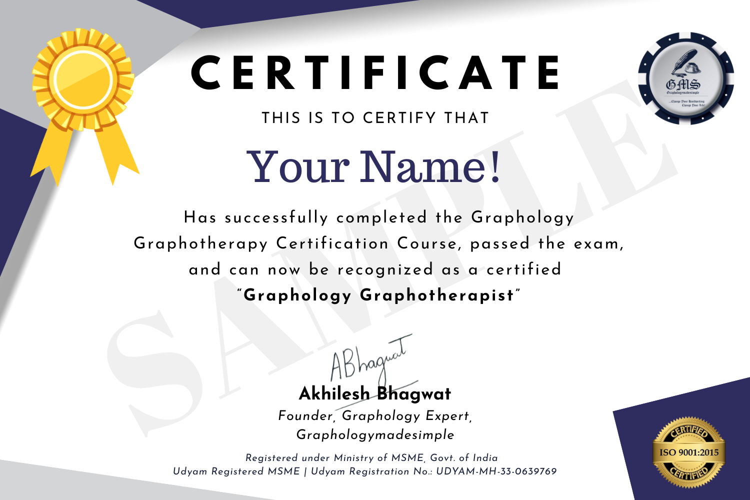 Graphology Graphotherapy Online Certification Course Certificate Image.