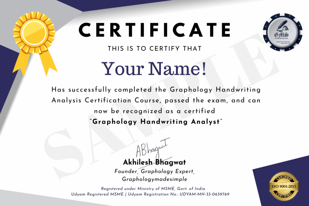 Graphology Handwriting Analysis Online Certification Course Certificate Image.