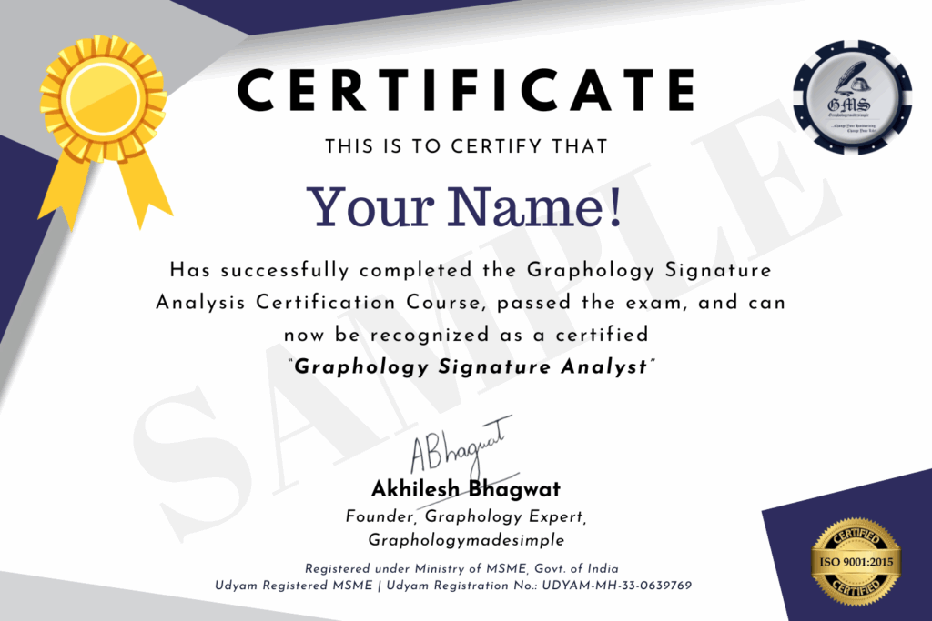 Graphology Signature Analysis Online Certification Course Certificate Image.